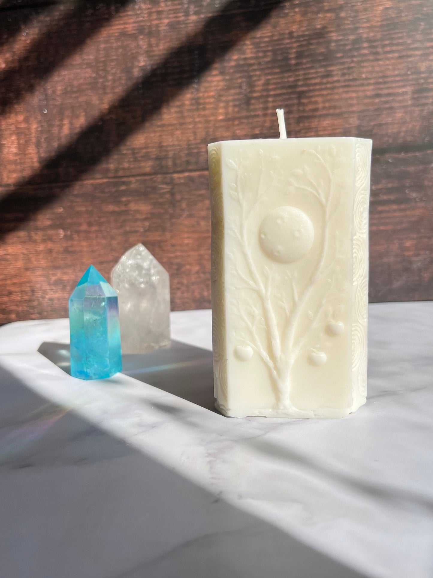 Moon Pillar Candle: Unscented Wax, Tree & Moon Design