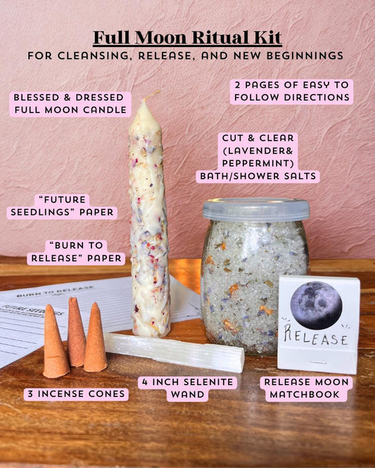 Full Moon Ritual Kit: Cleansing Candle, Selenite Wand & Herbal Bath Soak