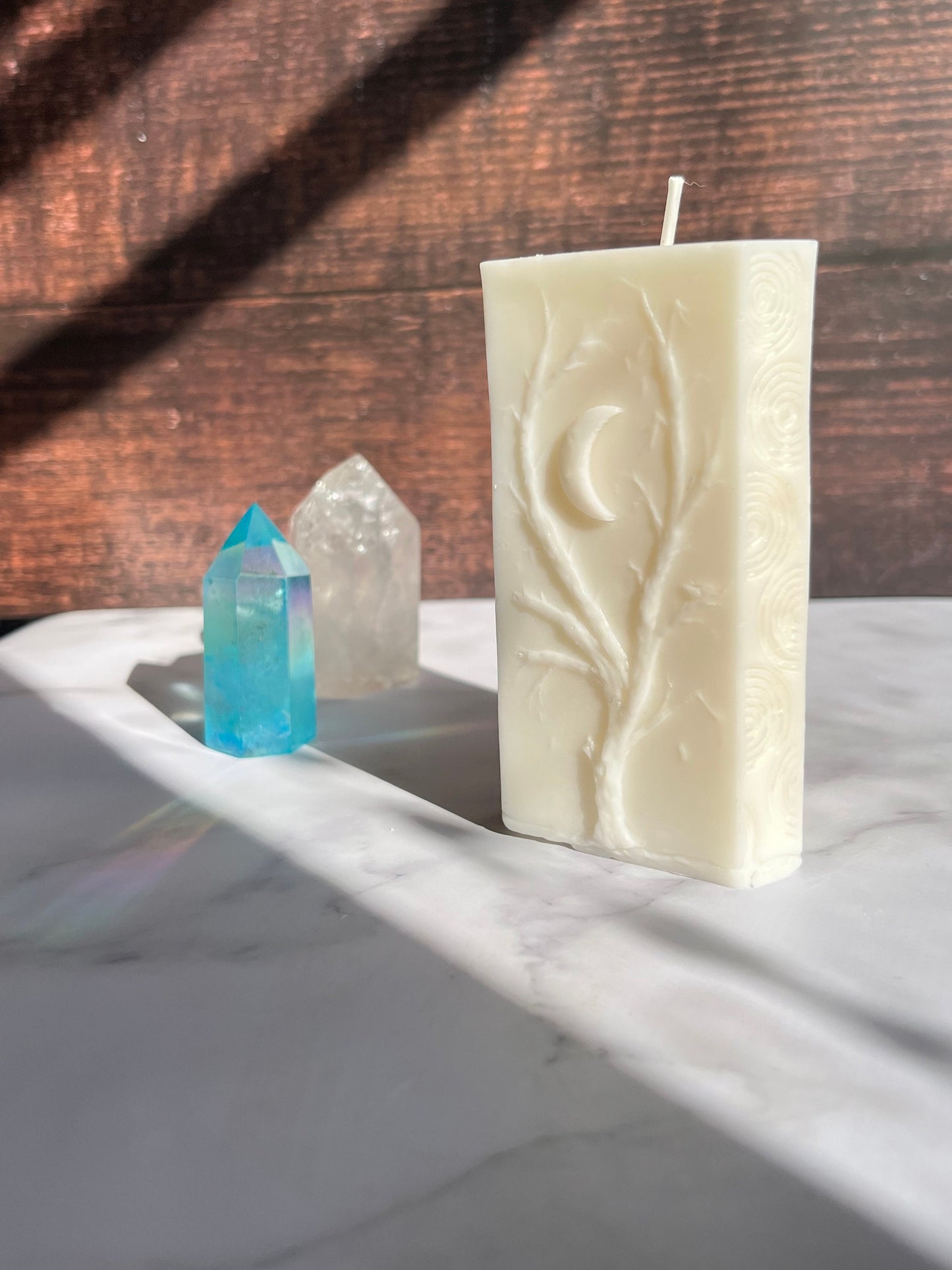 Moon Pillar Candle: Unscented Wax, Tree & Moon Design