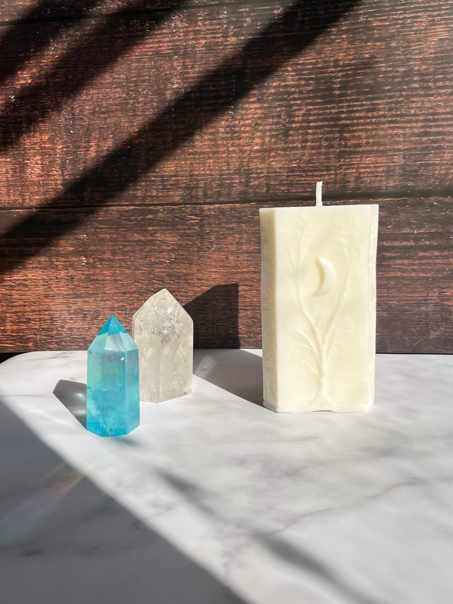 Moon Pillar Candle: Unscented Wax, Tree & Moon Design