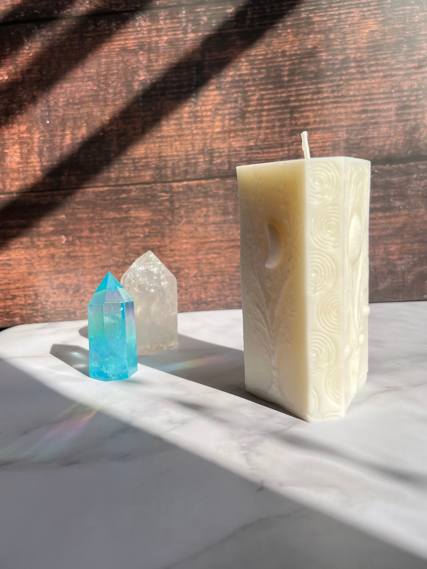 Moon Pillar Candle: Unscented Wax, Tree & Moon Design