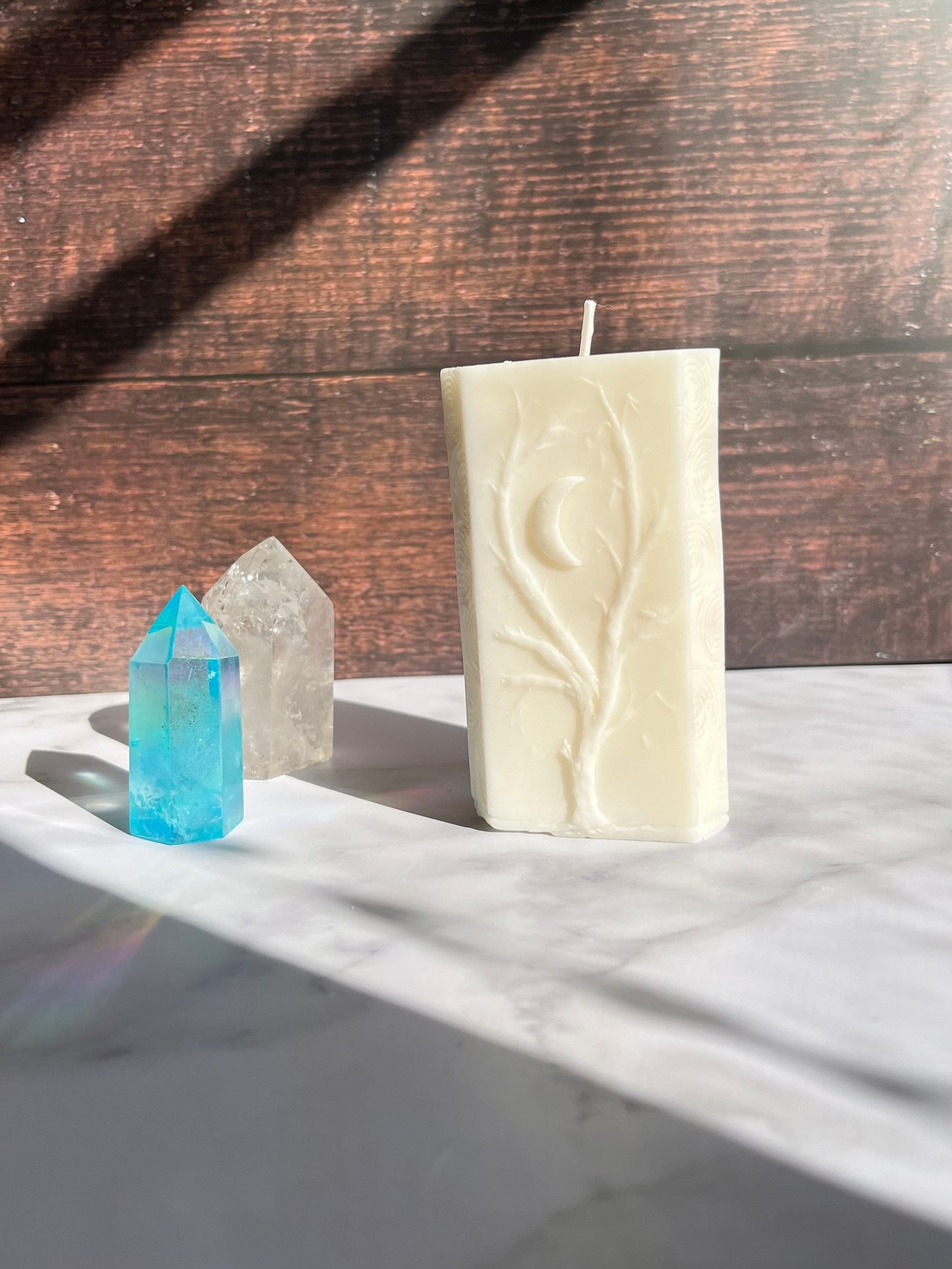 Moon Pillar Candle: Unscented Wax, Tree & Moon Design