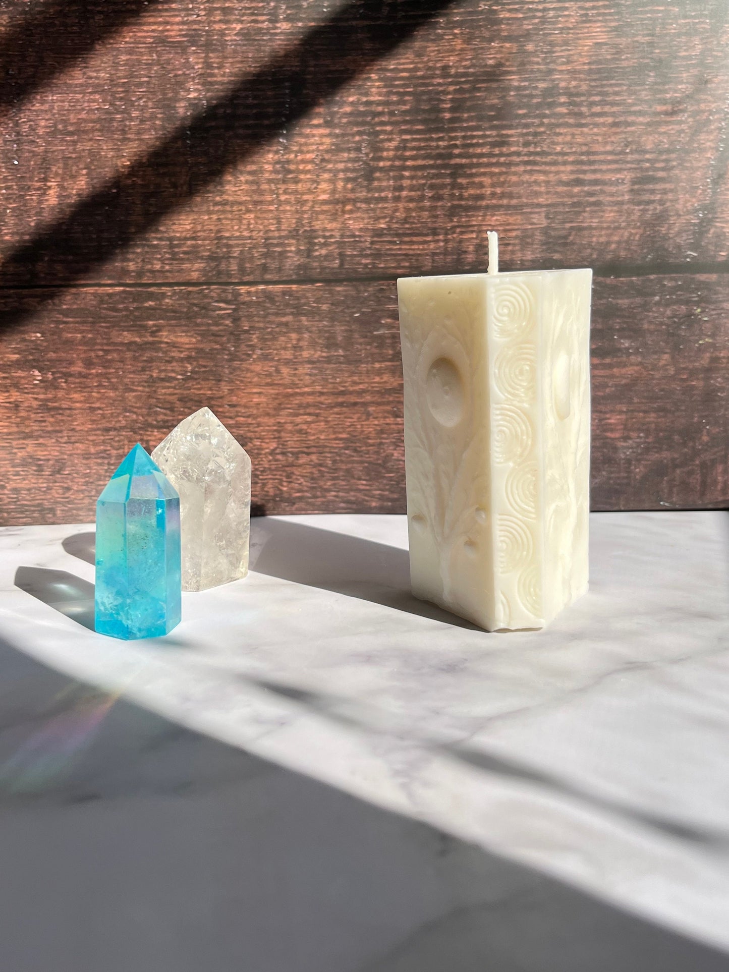 Moon Pillar Candle: Unscented Wax, Tree & Moon Design