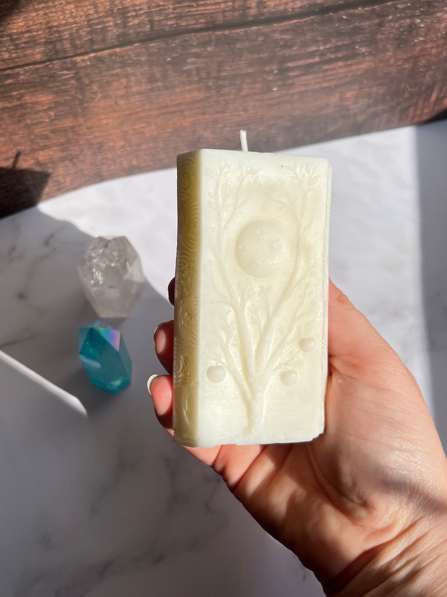 Moon Pillar Candle: Unscented Wax, Tree & Moon Design
