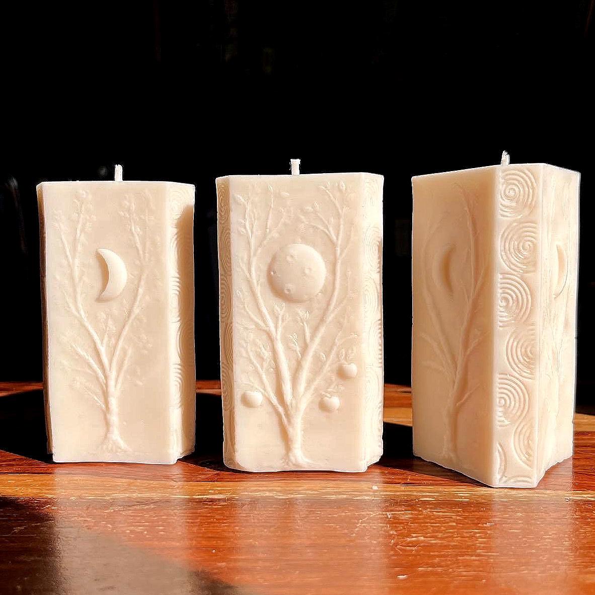 Moon Pillar Candle: Unscented Wax, Tree & Moon Design