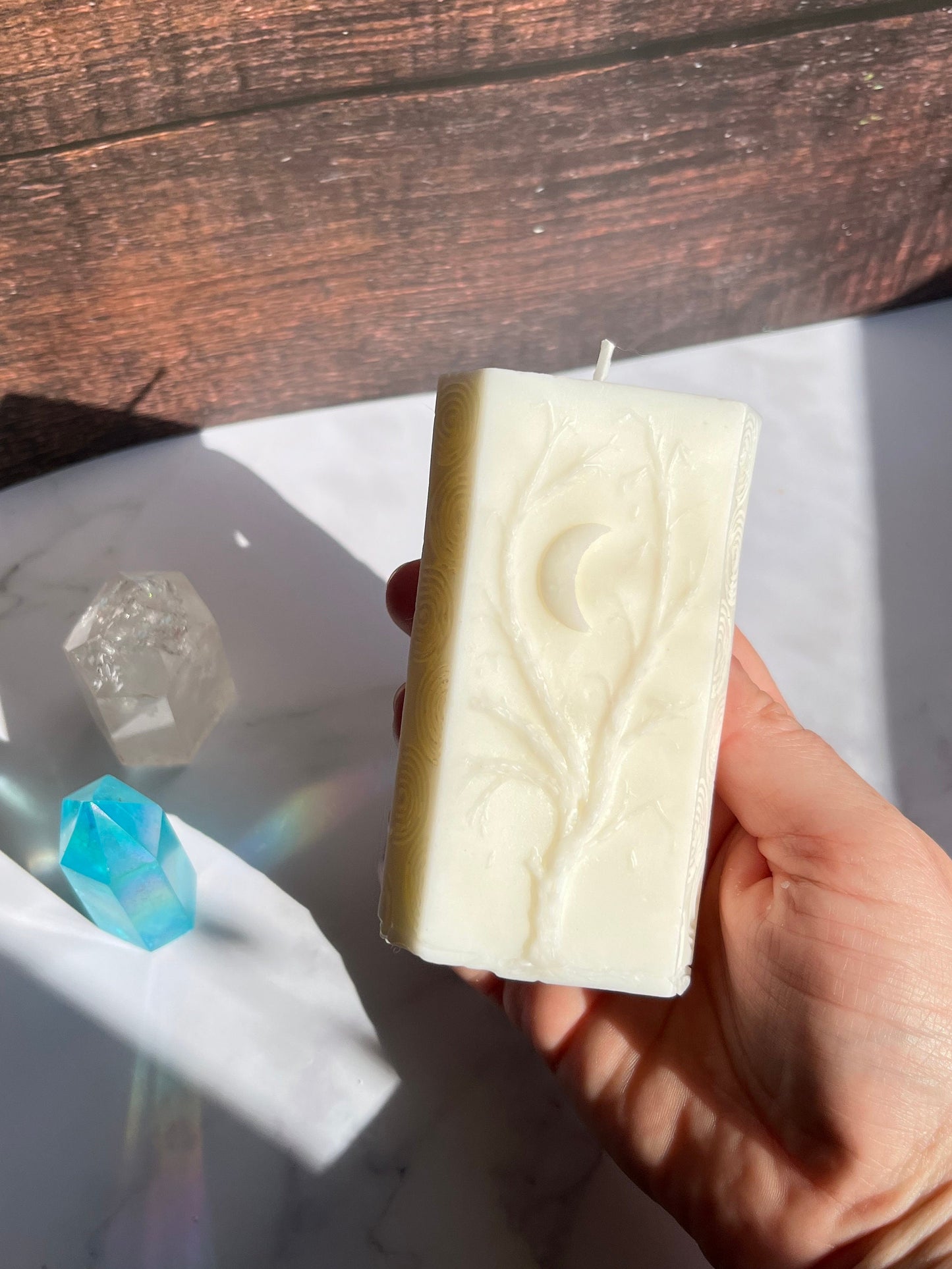 Moon Pillar Candle: Unscented Wax, Tree & Moon Design