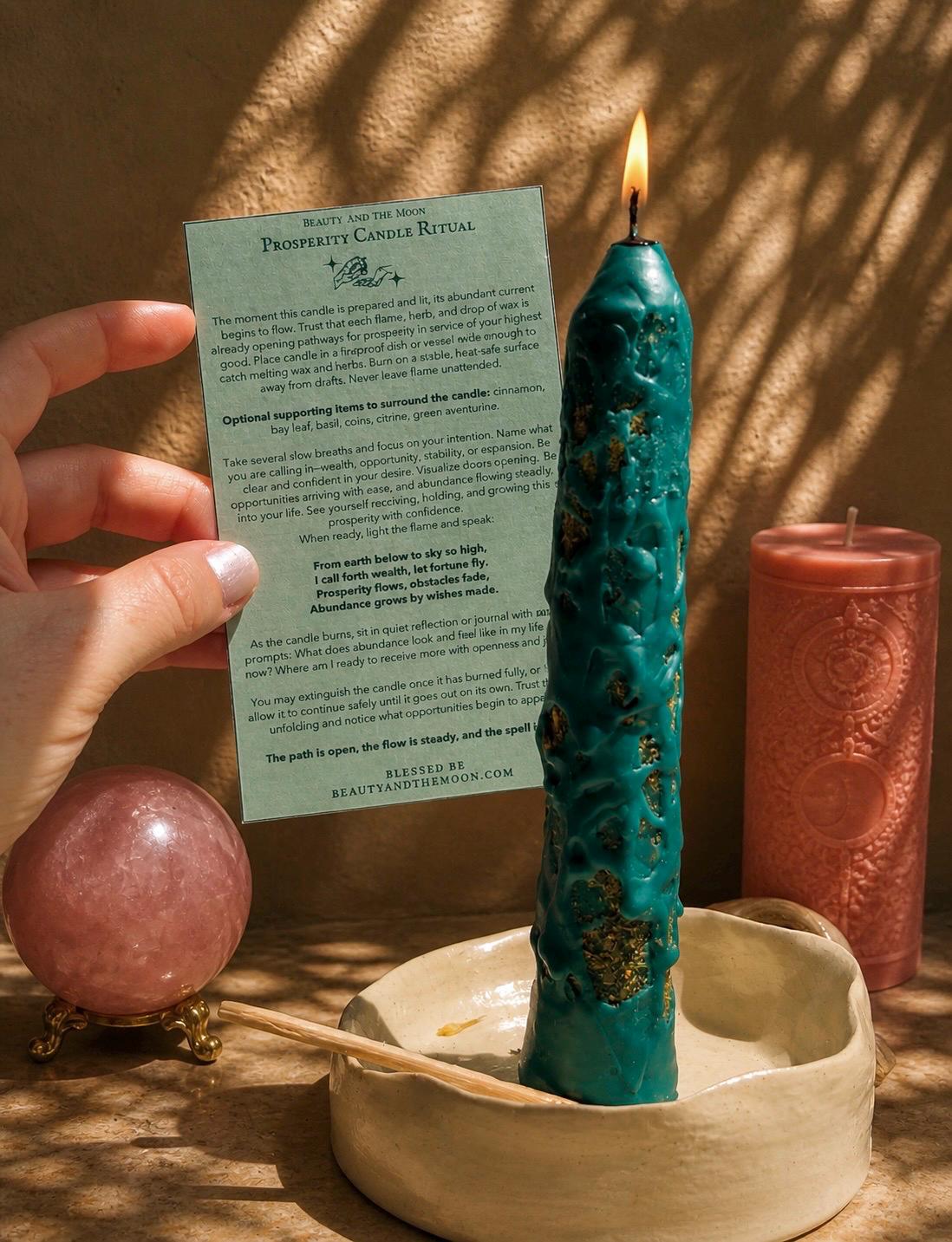 6” Handcrafted Prosperity Spell Candle: Abundance Manifestation Ritual, Beeswax Non Toxic Money Attraction Witch Altar Tool