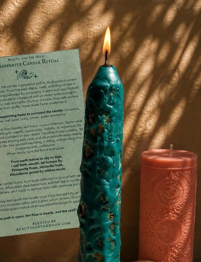 6” Handcrafted Prosperity Spell Candle: Abundance Manifestation Ritual, Beeswax Non Toxic Money Attraction Witch Altar Tool