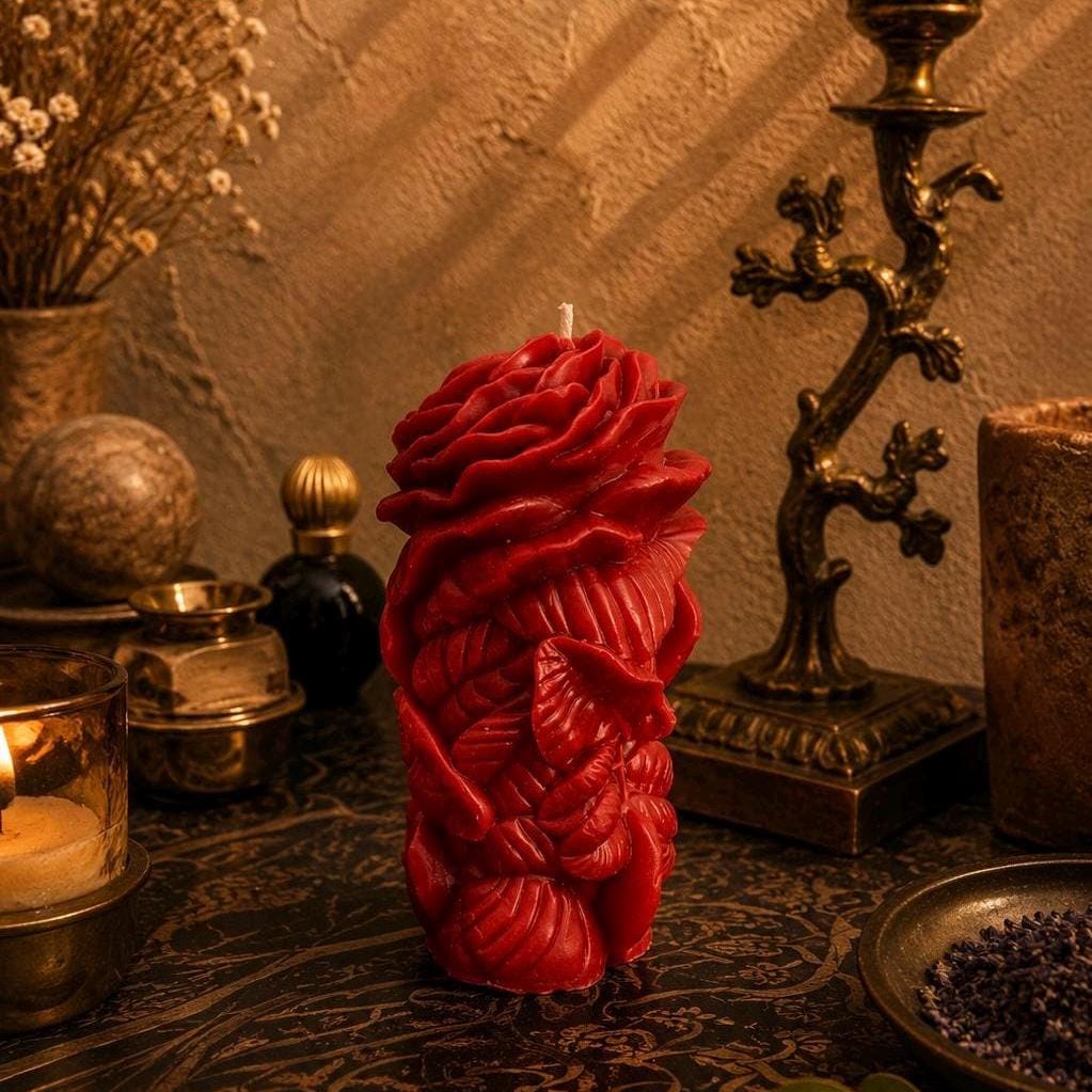 Rose Candle | Floral Pillar Candle | Romantic Gothic Decor | Handmade Soy Wax Candle | Witchy Altar Decor | Valentine Gift
