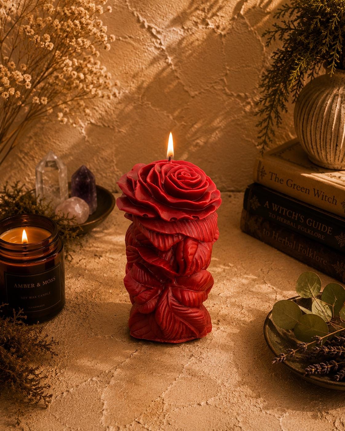 Rose Candle | Floral Pillar Candle | Romantic Gothic Decor | Handmade Soy Wax Candle | Witchy Altar Decor | Valentine Gift