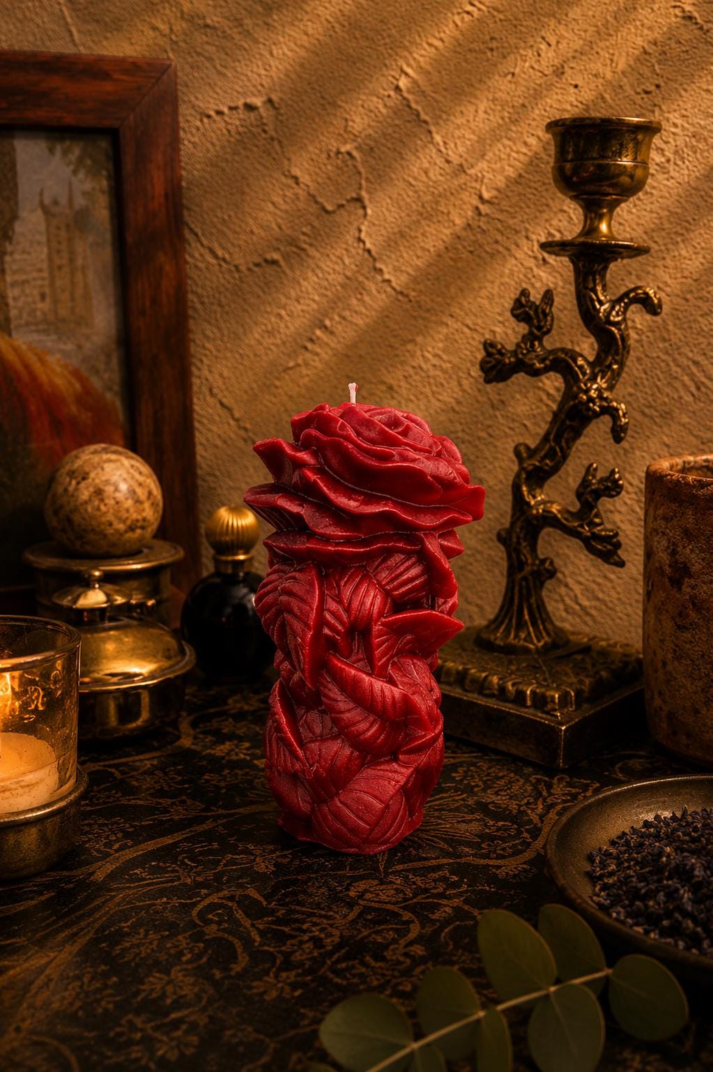 Rose Candle | Floral Pillar Candle | Romantic Gothic Decor | Handmade Soy Wax Candle | Witchy Altar Decor | Valentine Gift